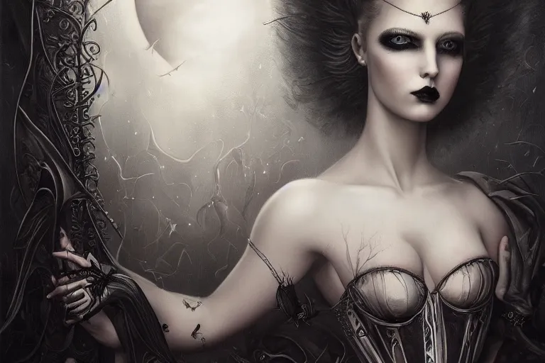 Image similar to By Tom Bagshaw, ultra realist soft painting of curiosities carnival by night, very beautiful horn single female blinking gothic corset , symmetry accurate features, very intricate details, ominous sky, black and white, volumetric light clouds