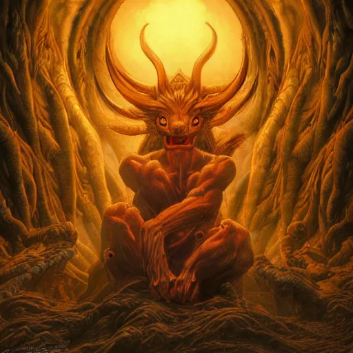 Image similar to photorealistic demonic kurama in the style of michael whelan and gustave dore. hyperdetailed photorealism by greg rutkowski. 1 0 8 megapixels, 3 d finalrender, cinematic lighting