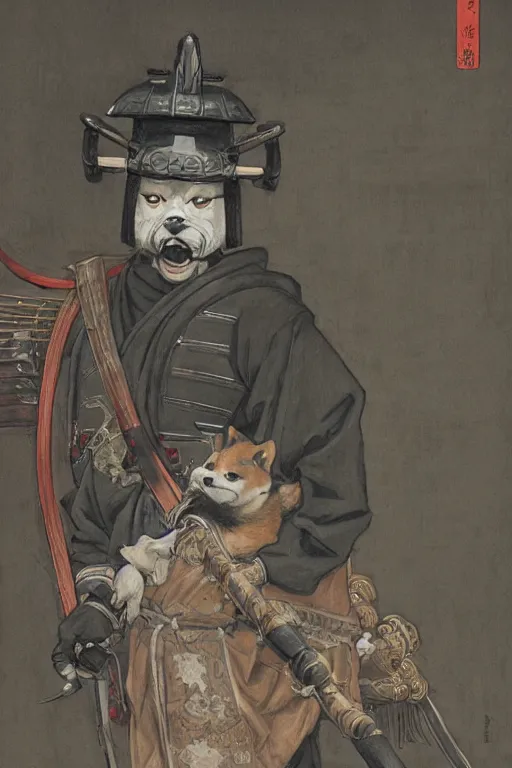 Image similar to a detailed matte portrait of an anthropomorphic shiba inu dressed as a samurai, shiba inu face, very large katana leaning against the side of a tavern, city streets, masterpiece, 8 k, art by donato giancola and greg rutkowski and wayne barlow and zdzisław beksinski