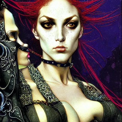 Prompt: an award finning closeup facial portrait by angus mcbride, dante gabriel rossetti, luis royo and john howe of a very beautiful and attractive female bohemian cyberpunk traveller with green eyes and her face full of freckles, clothed in excessively fashionable haute couture musicians gear and wearing vibrant and ornate half - face makeup