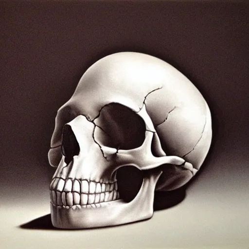 Image similar to hyperrealism painting of a skull on a table, soft shadows