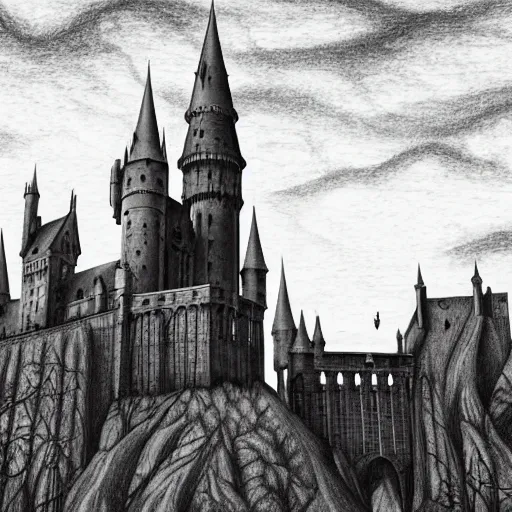 Prompt: a grassy plain with a huge gothic university, fantasy fortress, hogwarts castle, art noveau, artstation, extremely detailed pencil drawing