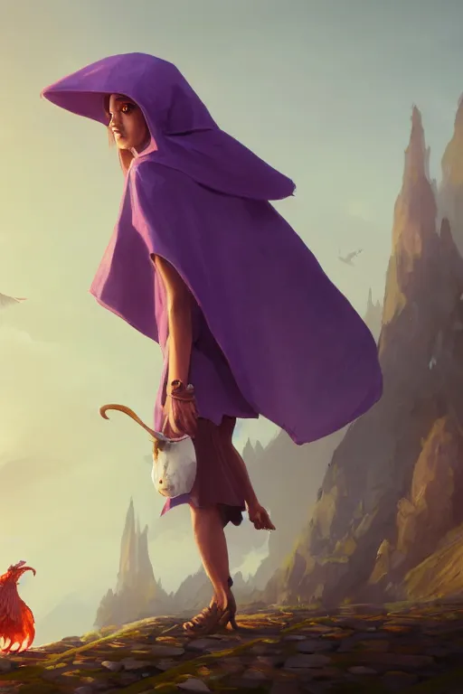 Prompt: Young beautiful short woman in purple witch robes and pointy hat with a small pet phoenix on her shoulder, full body shot unreal engine hyperreallistic render 8k character concept art masterpiece digital art by Greg Rutkowski, Simon Stalenhag, trending on Artstation, CGSociety