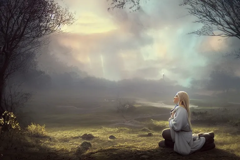 Prompt: scene with a beautiful realistic blond priestess, 30 years old woman, praying in an antic sanctuary, in front of the horizon at dawn, some clouds, runic stones and columns in the background, some trees, cinematic light, digital painting by Magali Villeneuve and wlop, atmospheric effects, fireflies, 4K, artstation, deviantart