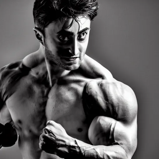 Prompt: photoshoot of a ripped, hyper muscular daniel radcliffe as x - men's wolverine, studio lighting 5 0 mm