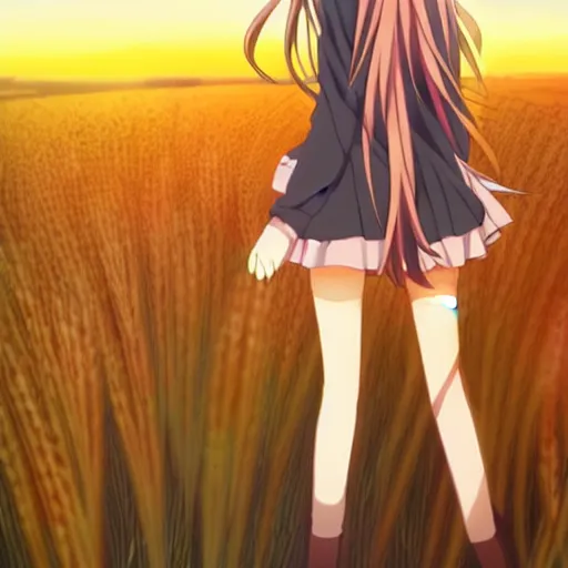 Prompt: anime key visual of Holo from Spice and Wolf standing in a wheat field at sunset, Holo is a wolf girl, high detail, trending on pixiv