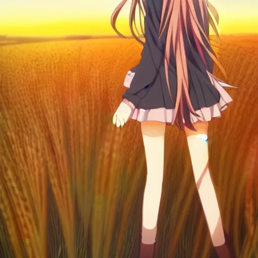 Image similar to anime key visual of Holo from Spice and Wolf standing in a wheat field at sunset, Holo is a wolf girl, high detail, trending on pixiv