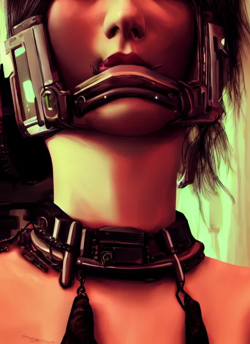 Prompt: detailed realistic female character cyberpunk wearing thick technological collar around neck, realistic, art, beautiful, 4K, collar, choker, collar around neck, punk, artstation, detailed, female, woman, choker, cyberpunk, neon, punk, collar, choker, collar around neck,
