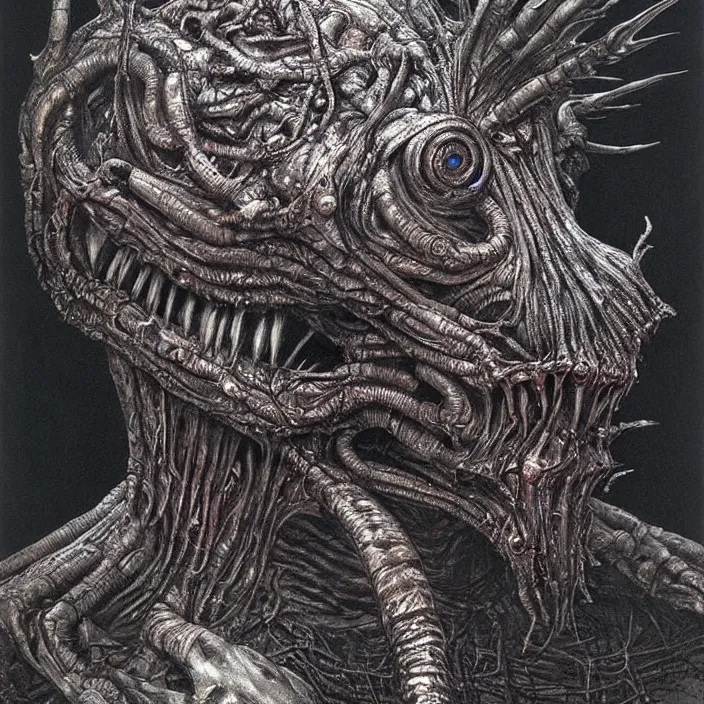 Image similar to space alien, slimy, glossy, sharp teeth, by h. r. giger, beksinski, nightmare fuel, nightmarish, intricate, highly detailed, optical illusion, stranger things demogorgon, volumetric lighting, flickering