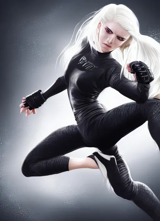 Image similar to a highly detailed illustration of fierce ponytail platinum blonde woman wearing black mma gear and gloves, dramatic powerful kicking pose, fairly muscular, athletic, intricate, elegant, highly detailed, centered, digital painting, artstation, concept art, smooth, sharp focus, league of legends concept art, WLOP