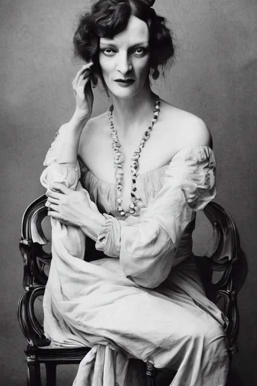Prompt: uma thurman for Victorian Secret photography by Paolo Roversi, sitting on a chair, full length shot, extremely detailed, XF IQ4, 50MP, 50mm, f/1.4, ISO 200, 1/160s, natural light, Adobe Lightroom, rule of thirds, symmetrical balance, depth layering, polarizing filter, Sense of Depth