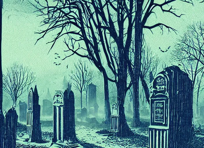 Image similar to blue woodcut print, halloween whitch in graveyard at midnight by greg rutkowski, fine details, highly detailed