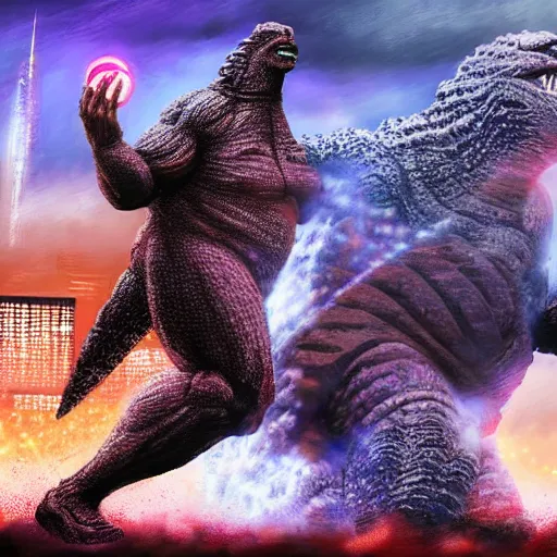 Prompt: shaquille o'neal blocking an attack from godzilla, digital art