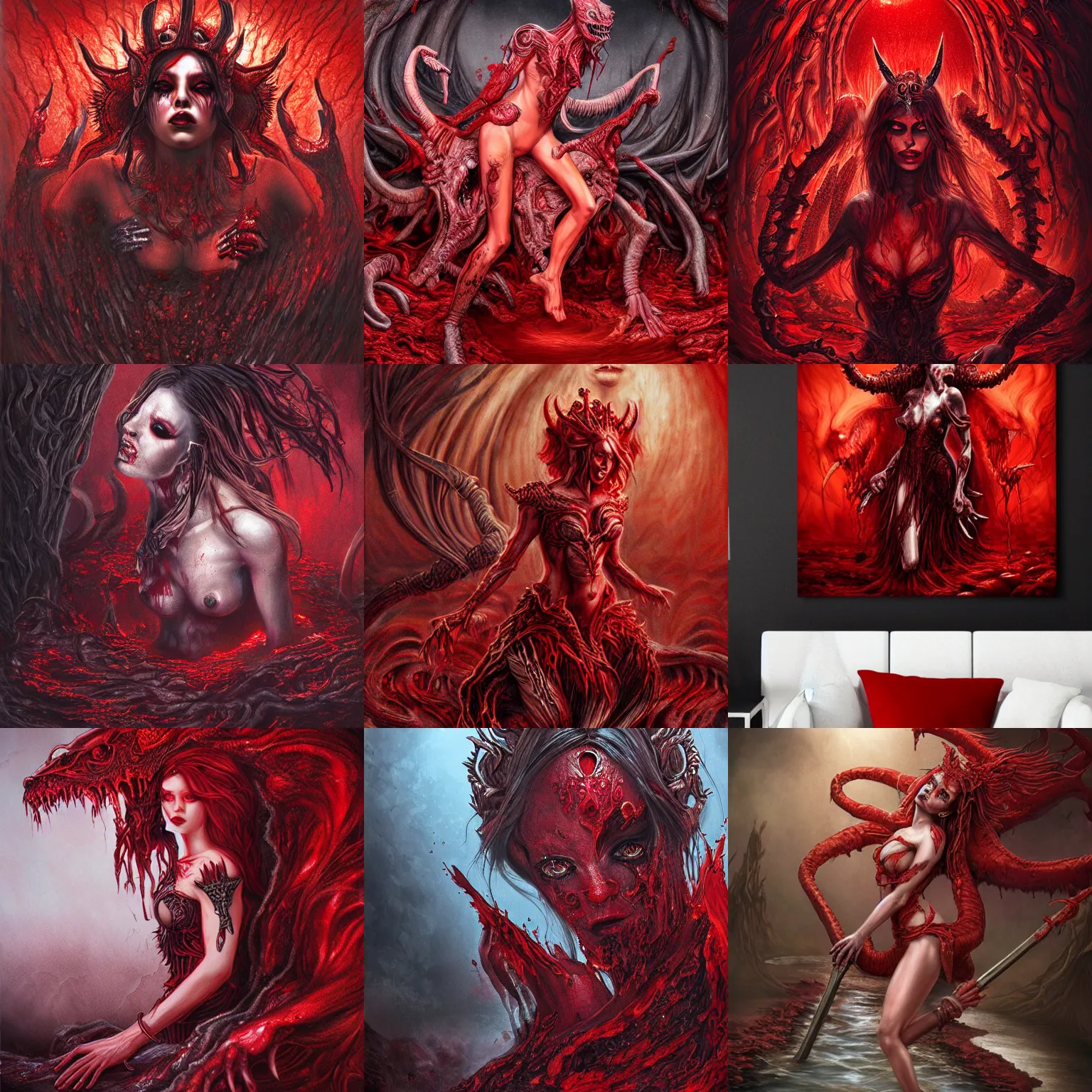 Prompt: Demon queen emerging from a river of blood, hyper realism, fantasy, intricate details, soft lighting