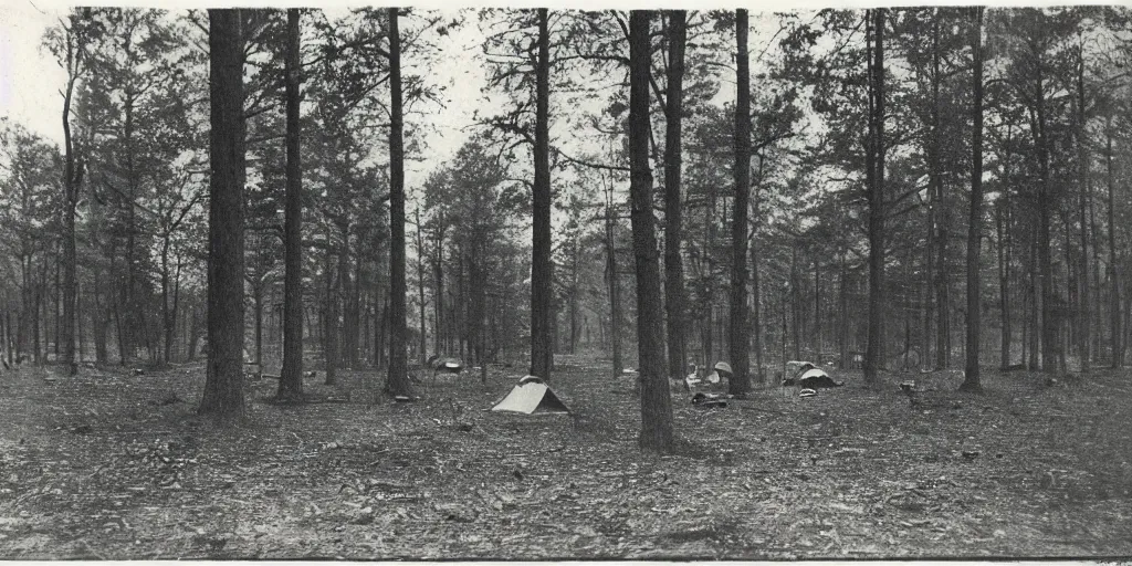 Image similar to Empty campsite in an ominous forest, 1900s photography