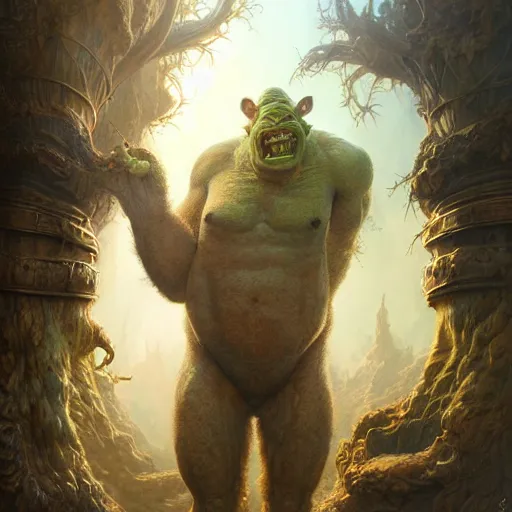 Image similar to a hyperrealistic illustration of a mix of an oger and giant and goblin, 8 k ultra realistic creature, detailed intricate, with fractal sunlight, award - winning, masterpiece, in the style of tom bagshaw, cedric peyravernay, peter mohrbacher