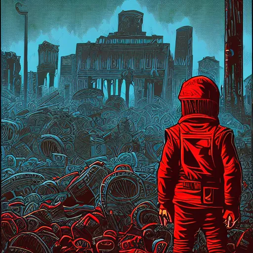 Image similar to a child with bloody red hands standing in ruins by Dan Mumford