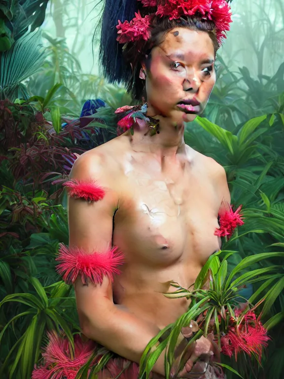 Image similar to beautiful portrait of a Subtropics minority female wearing fantastic costume, pigtail,subtropical plants,subtropical plants flowers,intricate, elegant, highly detailed, dim volumetric lighting, 8k,octane,post-processing,digital painting, trending on artstation, concept art, smooth, sharp focus, illustration,by Tom Bagshaw and Daniel Gerhartz and Albert Aublet and Lawrence Alma-Tadema and alphonse mucha