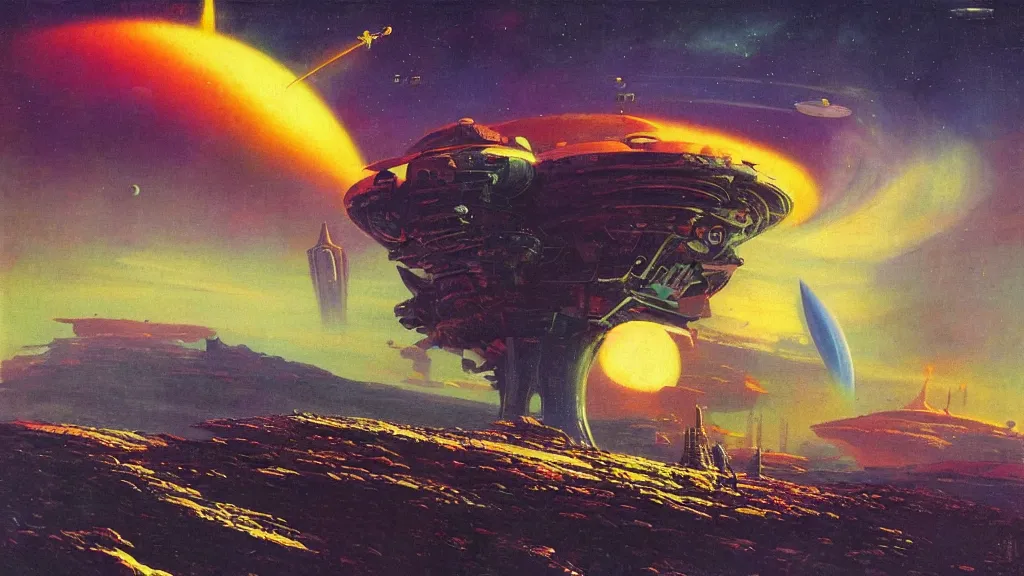 Prompt: a tall rocketship landing on a strange eerie alien planet by Paul Lehr and Bruce Pennington