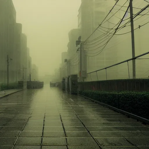 Image similar to raining dark smog wide angle shot dieselpunk dystopia makoto shinkai corrogated steel walkway