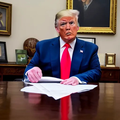 Image similar to candid portrait photo of president trump at his desk eating papers with his bare hands, detailed portrait, 4 k, megapixel, sony a 7 s, f / 8, 2 4 mm lens