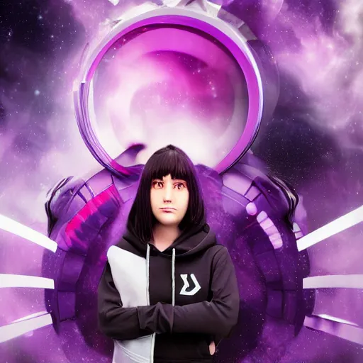 Image similar to poster artwork, sci fi, a female, full body, black hoodie techie, black hair with purple streaks, 8 k