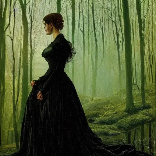 Image similar to A beautiful victorian woman, night, gothic dress, flowing hair, oil painting, portrait, magical forest, glow, dramatic lighting, dramatic light, masterpiece, high detail, long shadow, amazing composition, detailed, high contrast, painted by Caspar David Friedrich