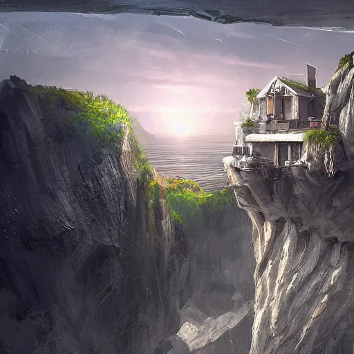 Image similar to sci fi house on a cliff above the coast, digital painting by Angrymikko, warm lighting, concept art