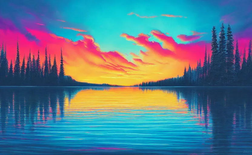 Image similar to beautiful award winning synthwave painting of a canadian lake, extreme detail, digital art, 4 k, ultra hd