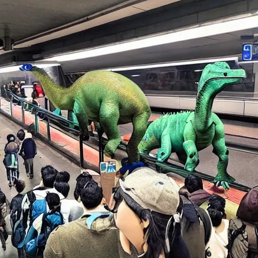 Prompt: a group of dinosaurs are crowding the subway, which runs above the water, miyazaki hayao.