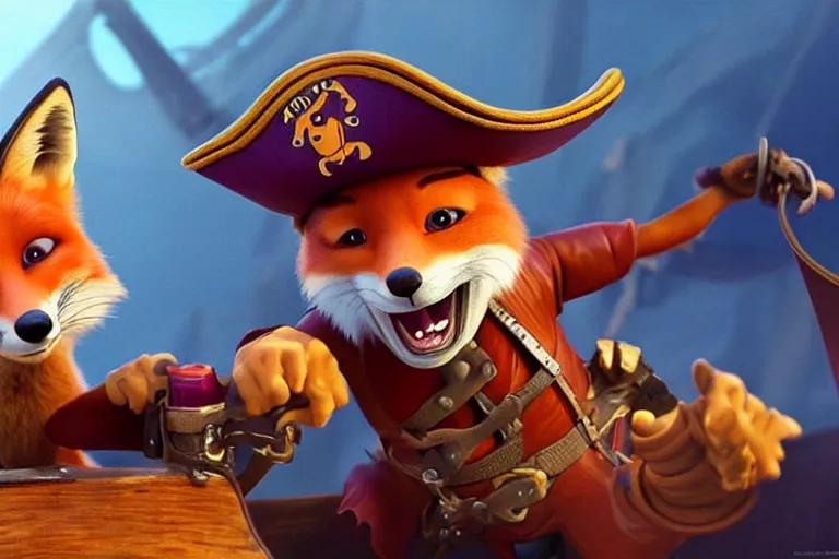 Prompt: promotional image of a fox as a pirate captain in the new pixar movie, very detailed face, movie still frame, promotional image, imax 70 mm footage, oil painting, illustration, concept art