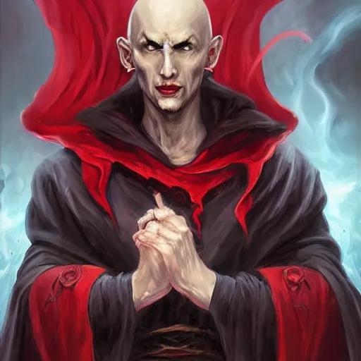 Image similar to d & d painting portrait necromancer man with bald head, red eyes, pallid skin, long flowing black and red robes. in style of tony sart