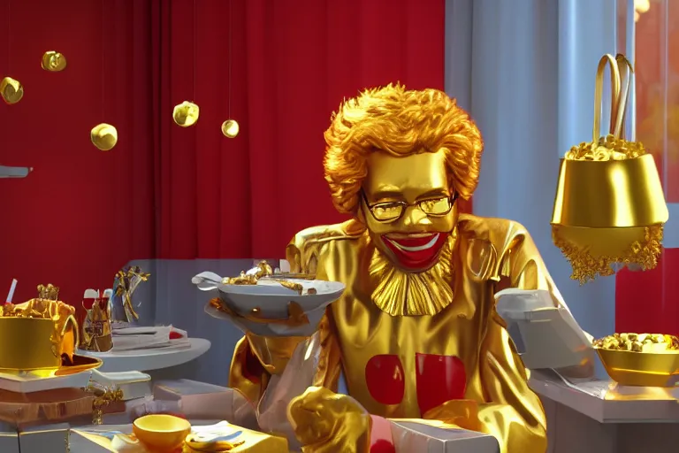 Image similar to a still of ronald mcdonald surrounded by gold and diamonds, award - winning, photograph, 3 d render, unreal engine, 4 k detailed