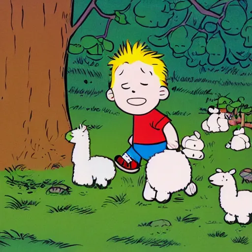 Prompt: a wide angle illustration of a very cute baby with large cheeks, blue eyes and short blonde hair. he is holding a stuffed toy llama and walking in the forest. illustrated in the style of bill watterson in the comicbook calvin and hobbes