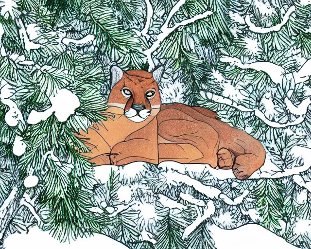 Prompt: unfinished colouring book showing 'a cougar sleeping in the middle of snowy pine tree' laying on coffee table, zoomed out shot, HD,