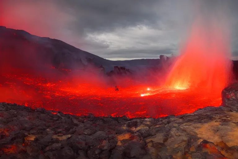 Prompt: lava falls from the red sky upon a football stadium, crowds panic, cinematic lighting by Jessica Rossier