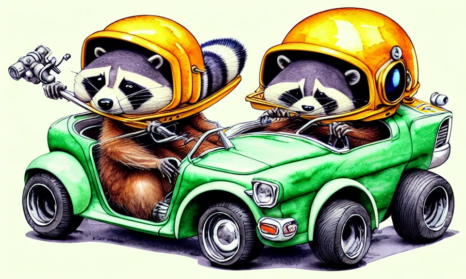 Prompt: cute and funny, racoon wearing a helmet riding in a hot rod with oversized engine, ratfink style by ed roth, centered award winning watercolor pen illustration, isometric illustration by chihiro iwasaki, edited by range murata, tiny details by artgerm and watercolor girl, symmetrically isometrically centered