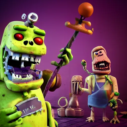 Prompt: “concept art of zombie, style of five nights at Freddy’s + clash royale + plants vs zombies, octane render”