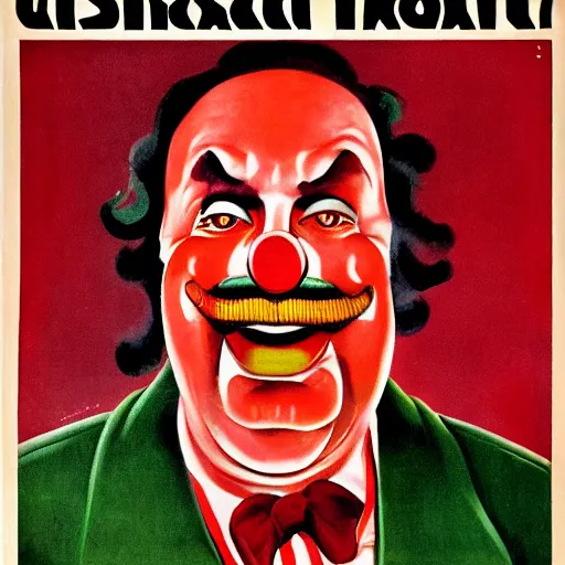 Image similar to communist clown portrait, soviet propaganda poster