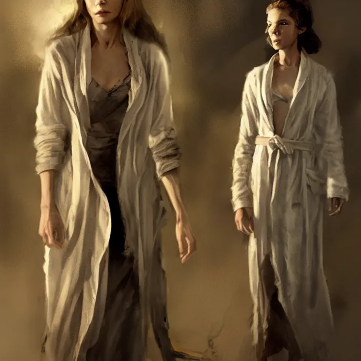 Prompt: young lauren bacall as a young mad mother in a tattered bathrobe and rags : costume design concept for a scifi film. by greg rutkowski, john j. park, jason chan, noah bradley, feng zhu, gintas galvanauskas. sharp focus, cinematic atmosphere, detailed and intricate, perfect anatomy