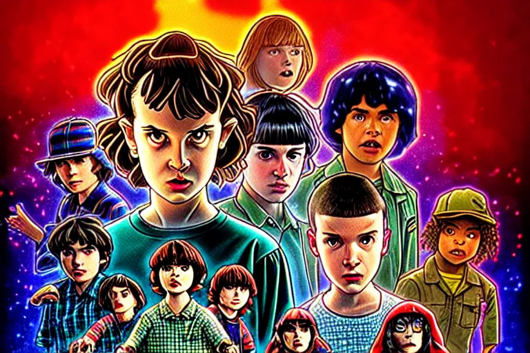 Prompt: closeup shot from the animated version of Stranger Things by Matt Groening, cartoon, detailed faces, high resolution, hyper detailed, intricate, illustrated, dramatic lighting, illustration, artstation, concept art, smooth, sharp focus, art by Alphonse Mucha and Matt Groening !n-9