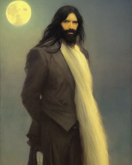 Image similar to portrait of a man with long black hair and beard holding a bird, full moon in the background, fine portrait, beautiful, concept art, by greg rutkowski, by jean delville