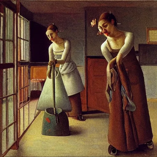 Prompt: two servants cleaning up after their mistress, feminine, Balthus