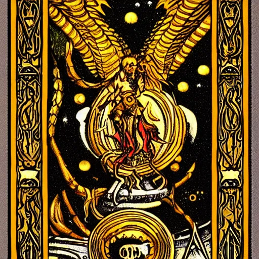 Prompt: hyperdetailed tarot card showing a demon, symmetricale, arcane, alchemic symbols, golden background, dark, gritty, old school
