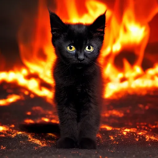 Image similar to extreme long shot of a cute black kitten engulfed in fire, burning, standing in fire, at night, award winning photo, high detail, atmospheric 8k