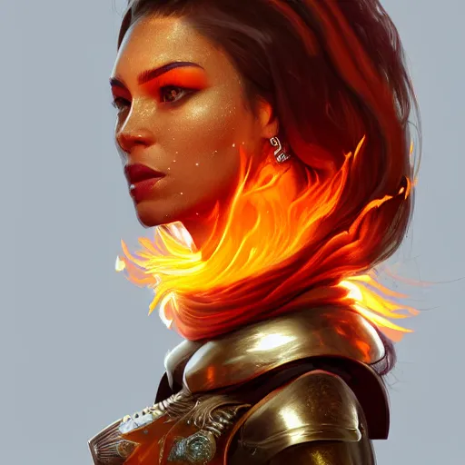 Image similar to side profile portrait of a mixed-race woman with an orange glow on her face from an orange flame being cast as a spell in her hand, medieval metallic knight armor, artstation, cgsociety, masterpiece, dark fantasy