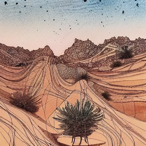 Prompt: desert landscape painting at twilight, watercolor, pen and ink, intricate lines, elegant, extreme detail, smooth, sharp focus, art by james jean