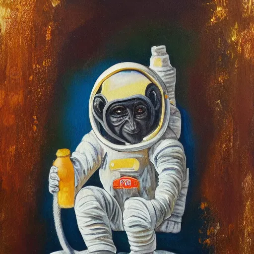 Image similar to an oil painting of a monkey wearing a spacesuit