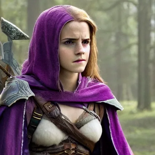 Prompt: movie still Emma Watson as Sylvanas Windrunner , pale violet skin