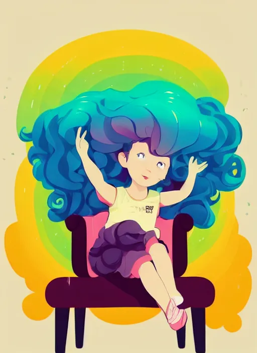 Image similar to a little girl with wavy curly rainbow hair sitting in an armchair. clean cel shaded vector art. shutterstock. behance hd by lois van baarle, artgerm, helen huang, by makoto shinkai and ilya kuvshinov, rossdraws, illustration, art by ilya kuvshinov